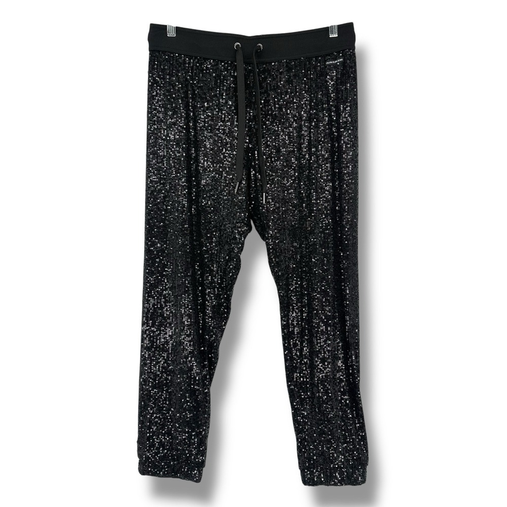 NWT Calvin Klein‎ Black Sequin Jogger Pants L Drawstring Party Glam MRPS $79